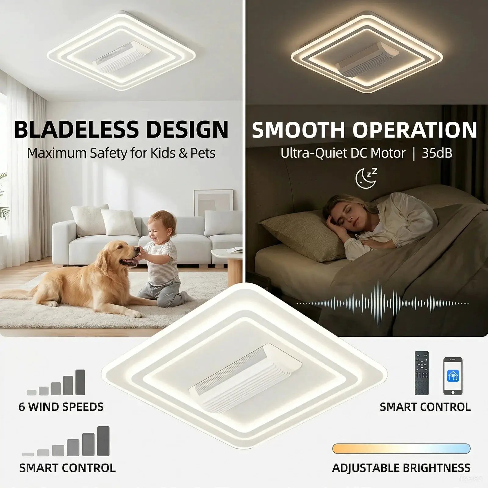 Simples Market bladeless LED ceiling fan chandelier with square white frame for living room and bedroom.