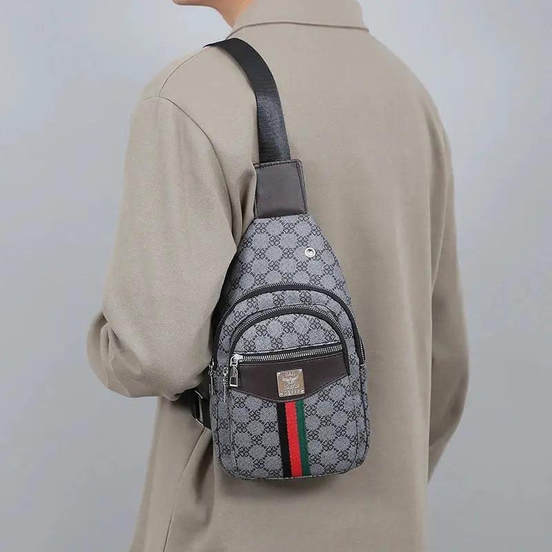 Men's multifunction messenger bag by Simples Market, gray patterned fabric with brown leather trim and earphone hole
