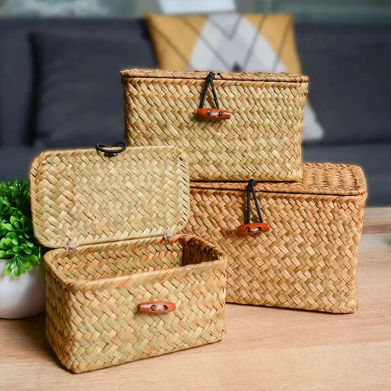 Rectangular seagrass storage baskets with lids; 4 natural handmade multipurpose organizers.