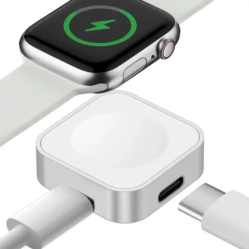 Portable wireless Apple Watch charger with white square USB-C dock for S9–Ultra series