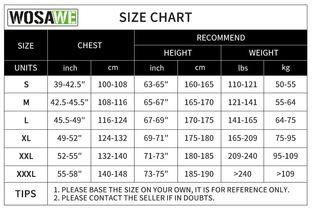 WOSAWE size chart showing chest measurements and height/weight ranges for men's cycling jacket