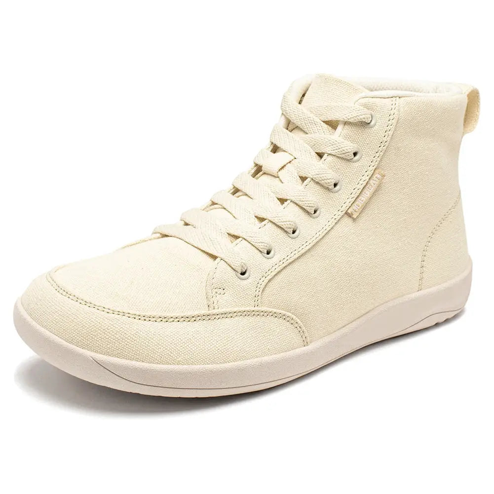 HOBIBEAR canvas mid-top barefoot sneakers, cream color, unisex lace-up walking shoes