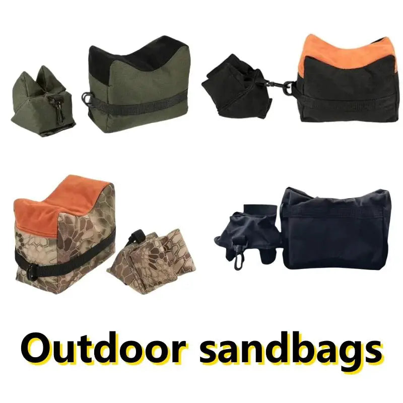 Portable shooting sandbag set displayed with various styles and colors for outdoor shooting stability.
