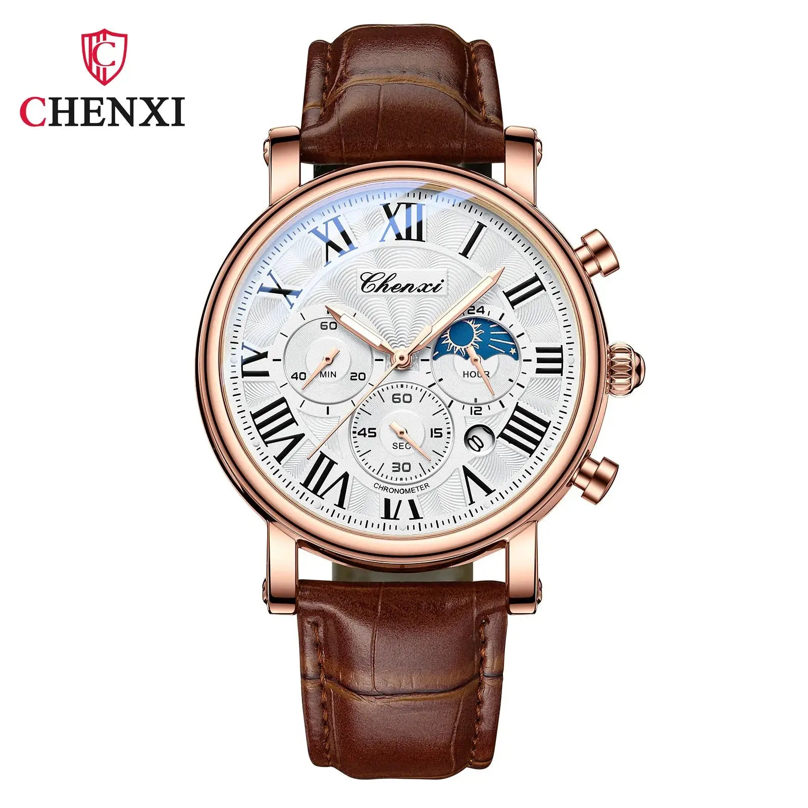 Chenxi 973 Moon Phase Date Analog Mens Wristwatch With Water Resistant Leather Strap And Imported Quartz Movement