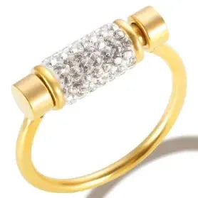 Gold Stainless Steel Ring With Round Bead And Clear Crystal Zircon Waterproof Everyday Fine Jewelry