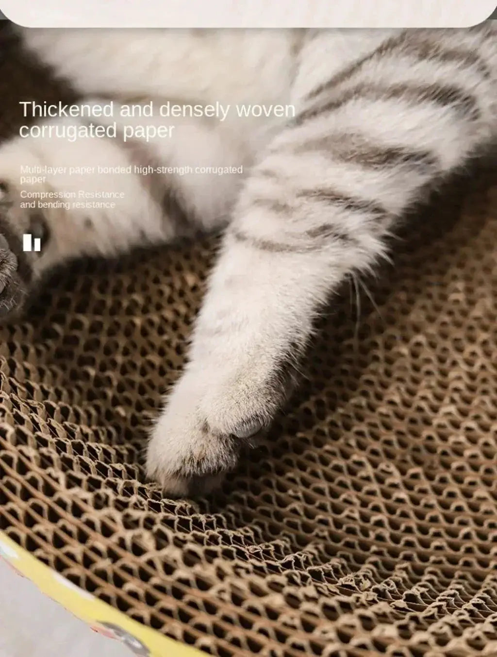 Simples Market cat scratching board with oval corrugated paper surface and a gray tabby paw.