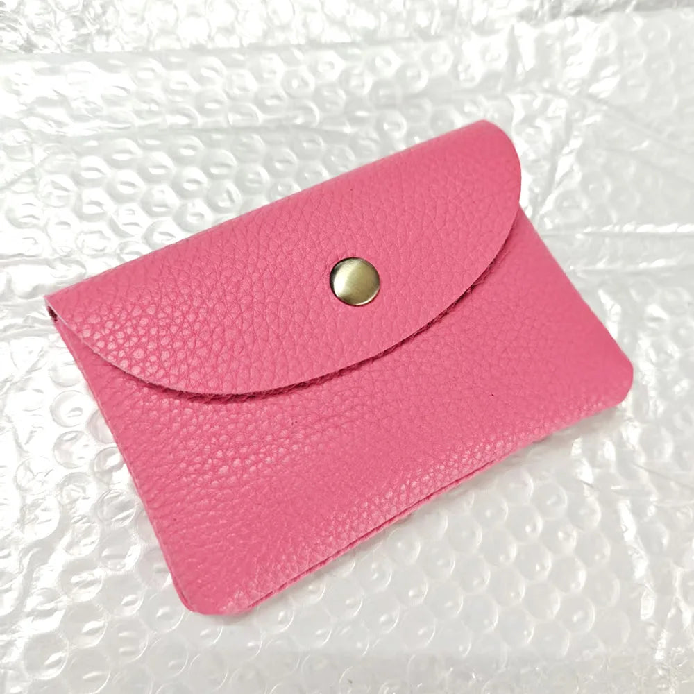 Simples Market pink genuine leather card holder with gold snap, envelope-style mini business card sleeve