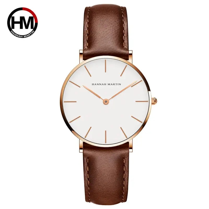 Hannah Martin women's wristwatch with white dial, rose gold case, brown leather strap, 36mm, waterproof.