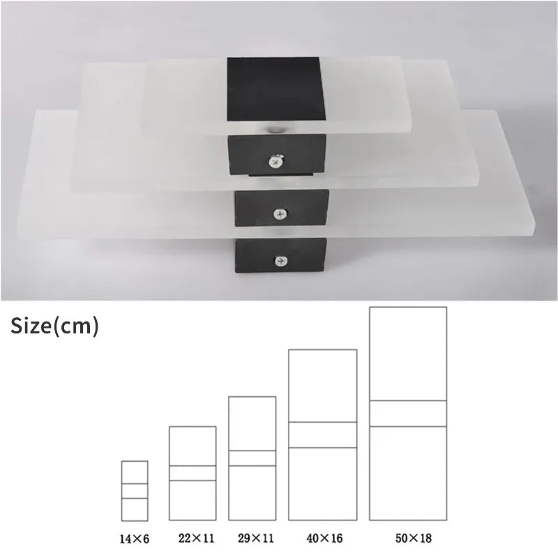 Modern mini LED wall lamp with white acrylic panels and black center blocks by Simples Market, shown in four sizes