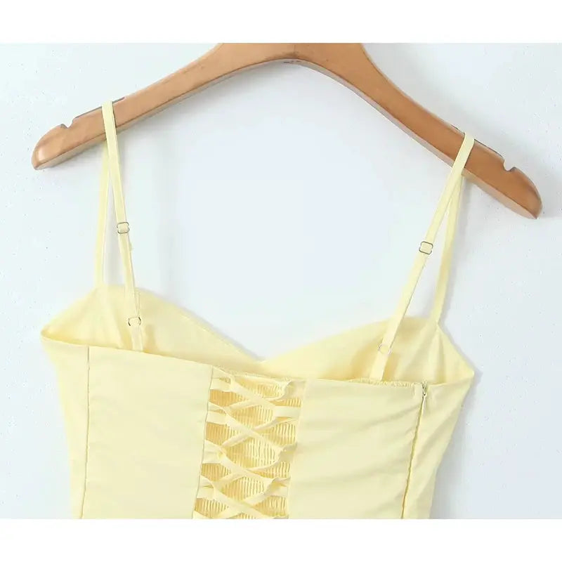 Yenkye Sexy Elegant Fishbone Waist Mini Dress Yellow Lace Up Back