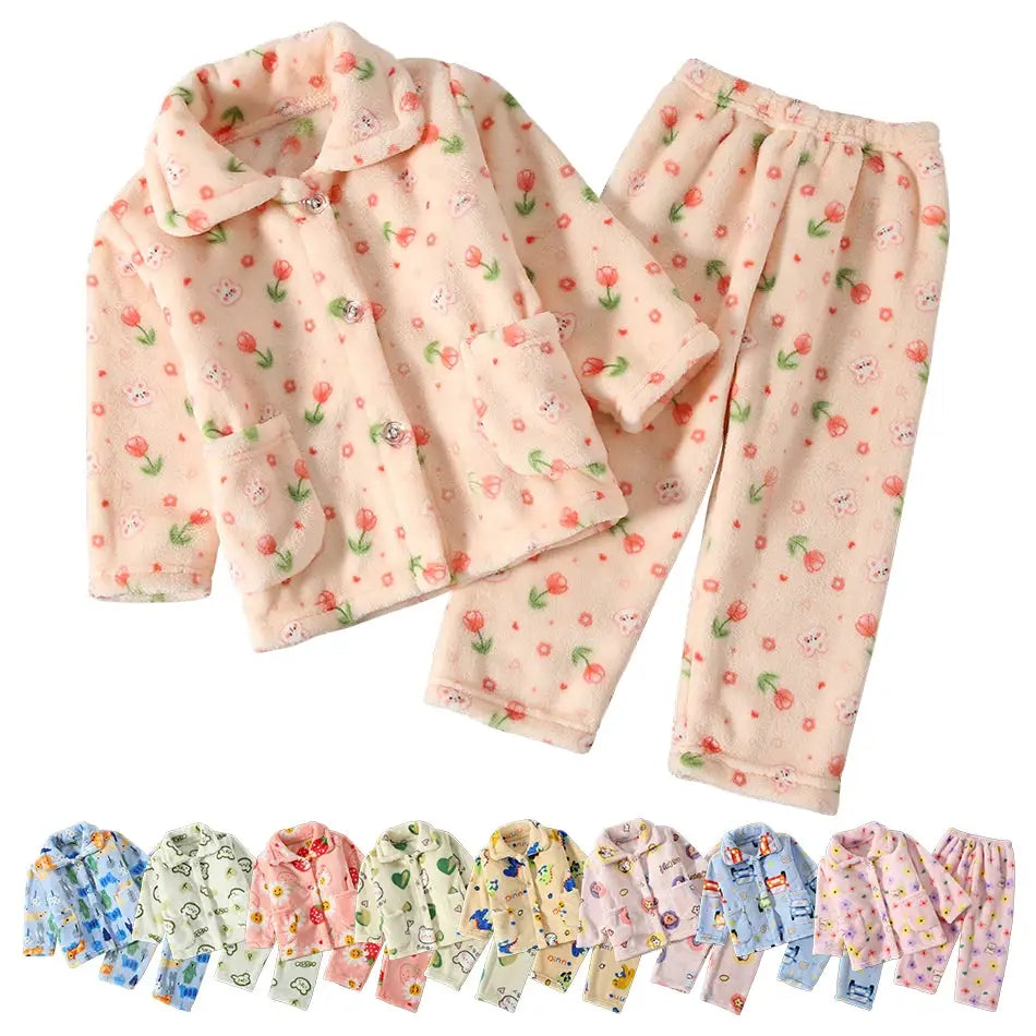 Cute Cartoon Pattern Coral Fleece Flannel Pajama Sets For Boys And Girls Long Sleeve Warm Comfortable Winter Sleepwear