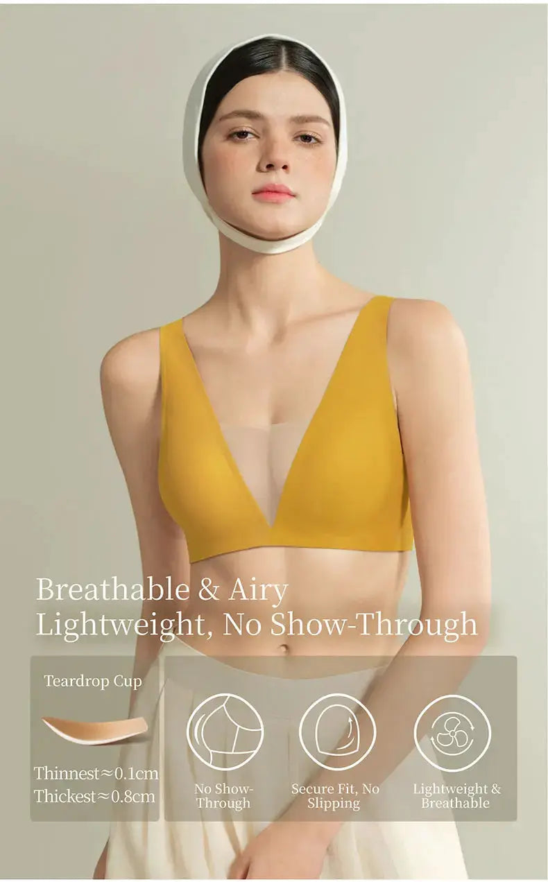 SUJIIN seamless plunge push-up bra in mustard yellow with nude mesh panel
