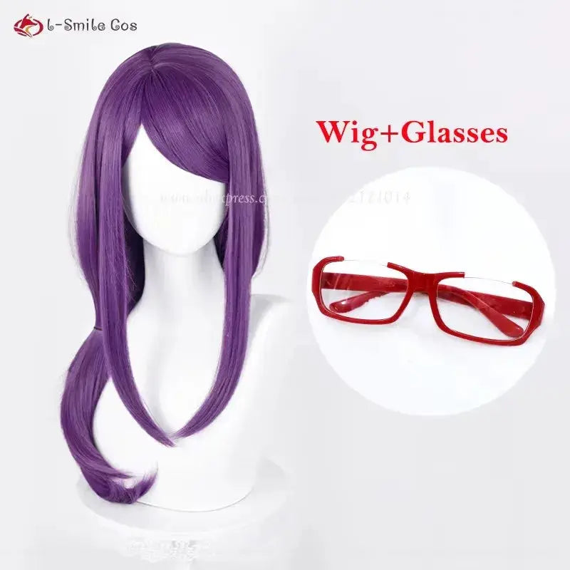 Kamishiro Rize cosplay wig, 70cm purple heat-resistant synthetic hair with wig cap; 2-piece set with red glasses