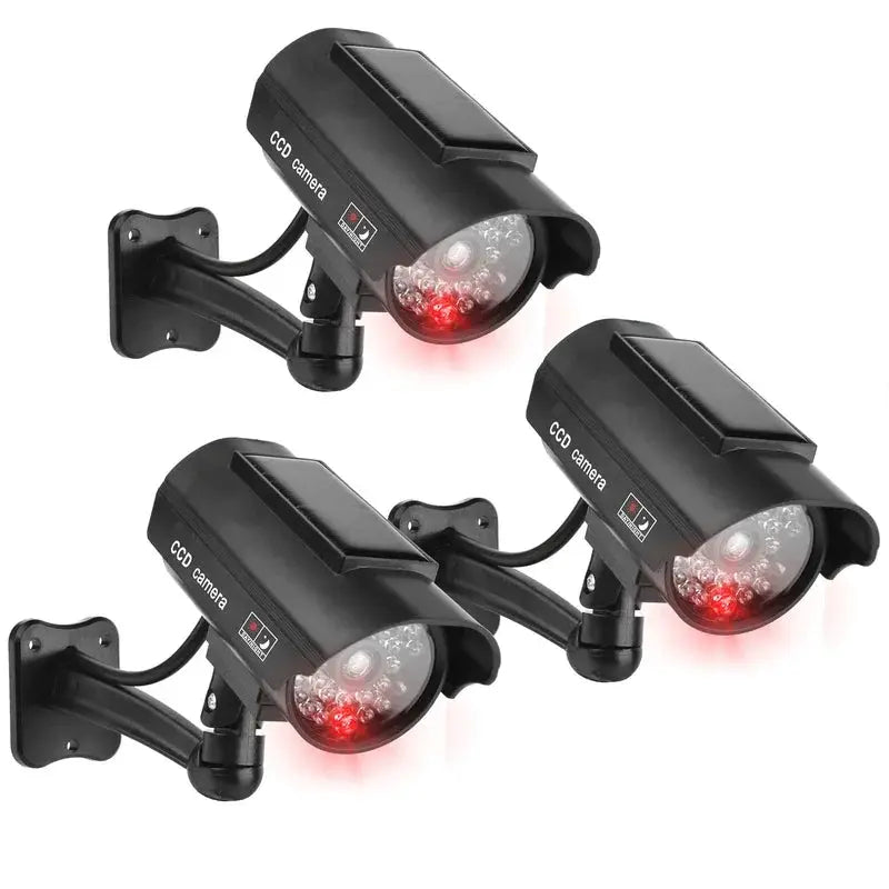 Simples Market ALARMEST fake CCTV camera set; black solar-powered dummy security cameras (3-pack) with red LED