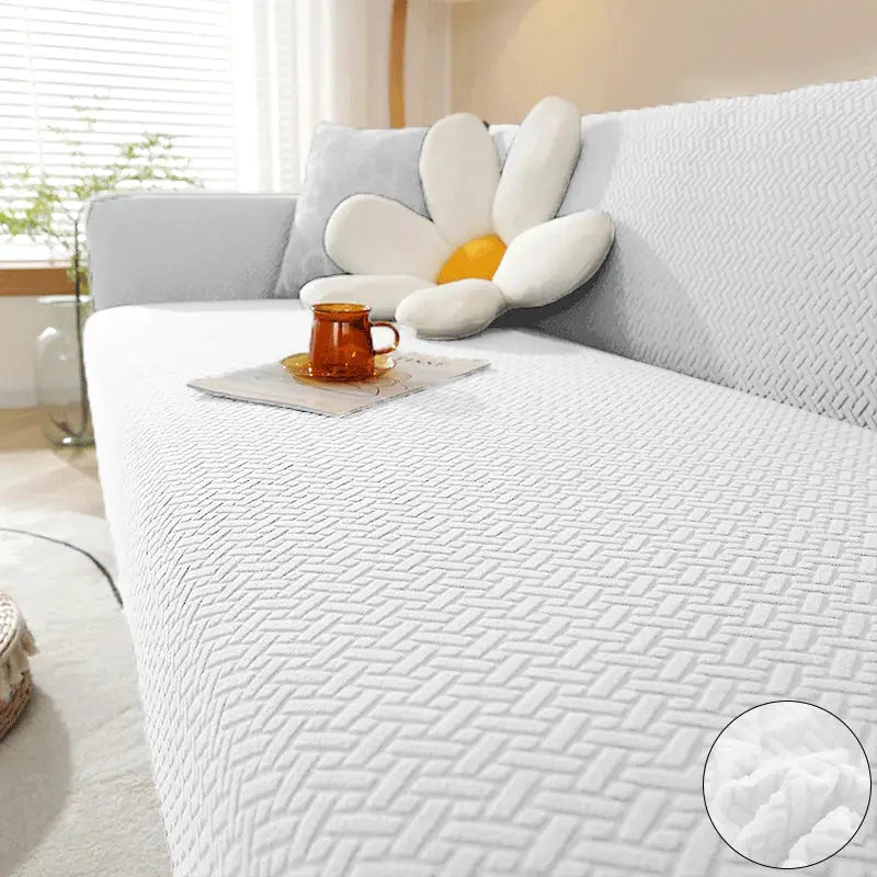 Elastic jacquard sofa cover for L-shaped sectional, white/gray stretch couch slipcover