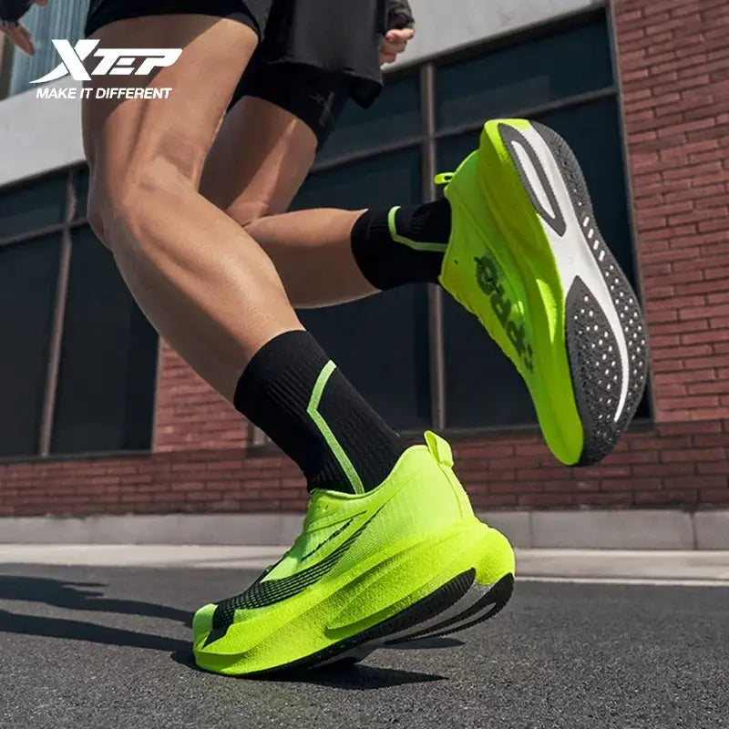 XTEP men's running shoes neon lime green with black accents; lightweight sports sneaker