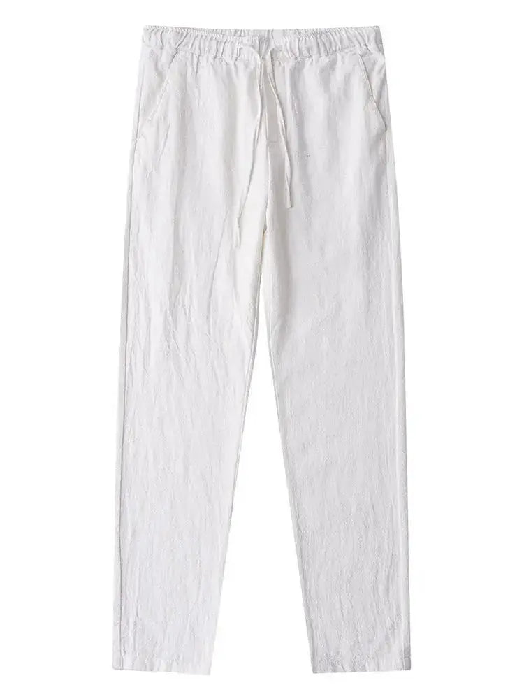 Simples Market white cotton-linen casual pants with wide-leg silhouette and drawstring waist