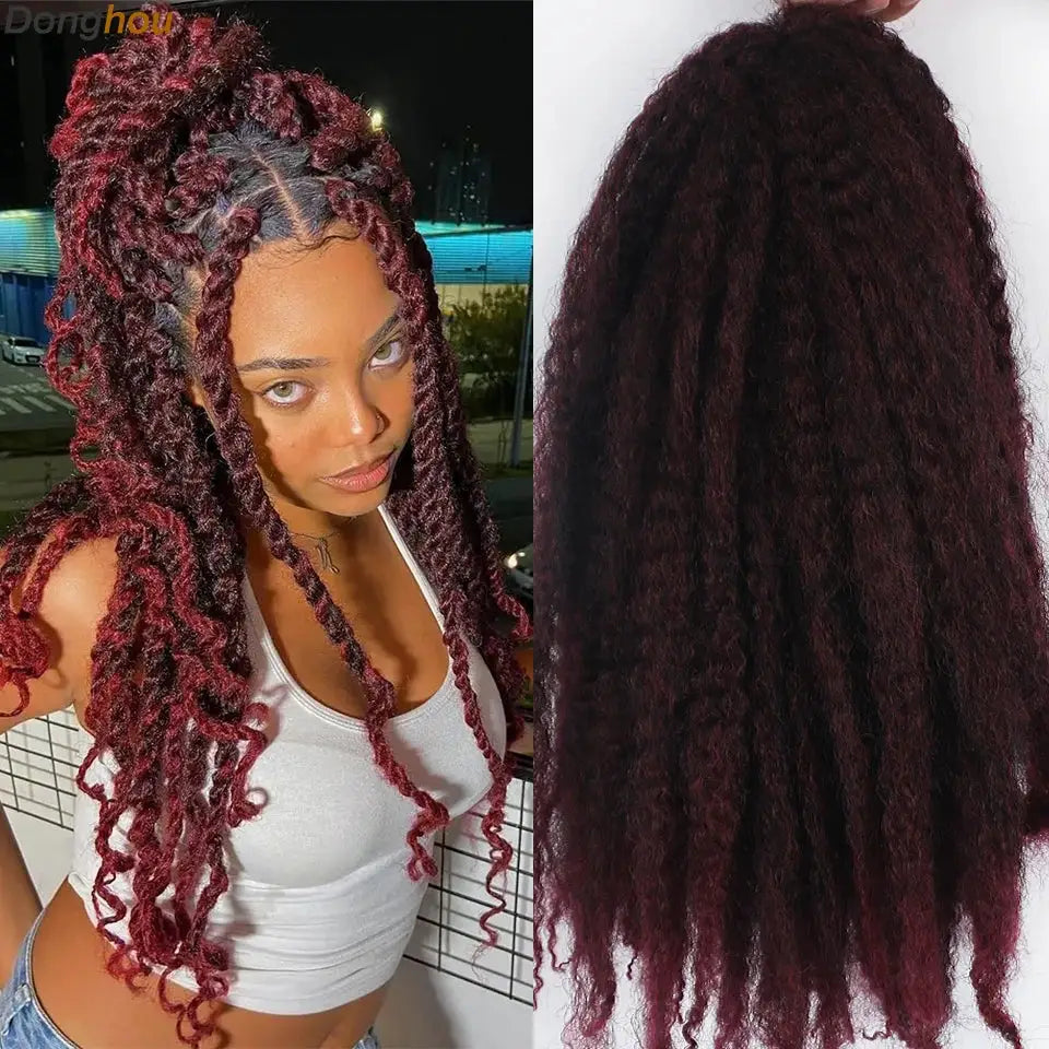 Marley Hair 18in synthetic braiding hair by Simples Market; ombre burgundy to black, shown worn and as bundle.