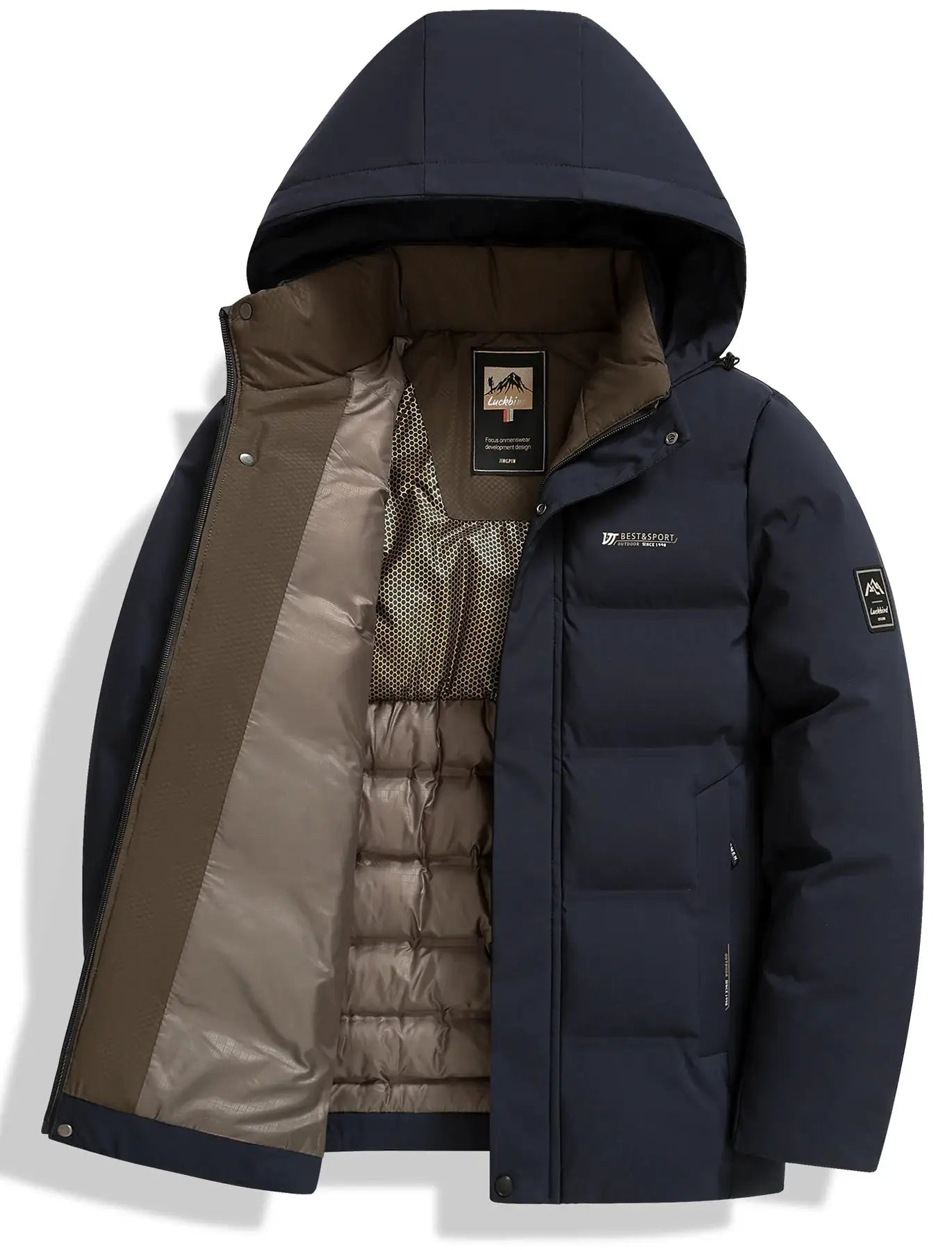 Men's navy cotton jacket with hood, brown quilted interior, Best&Sport patch