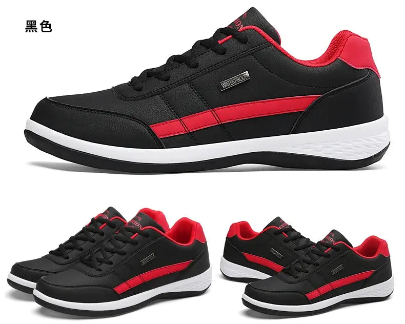 Leather men’s sneakers by Simples Market, three black pairs with red stripe, breathable vulcanized casual footwear with white soles