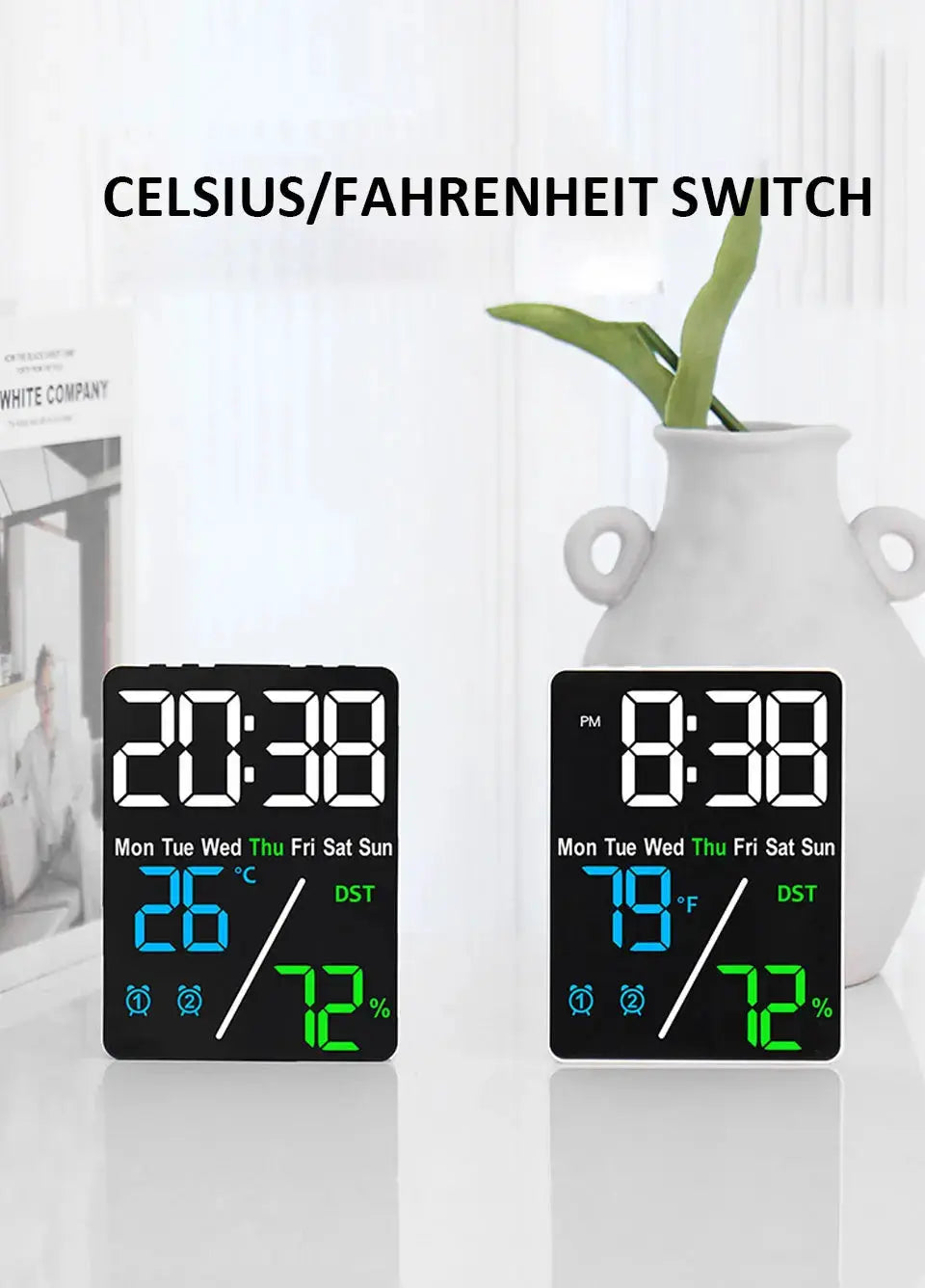 Two black large digital alarm clocks with humidity display, brightness adjustment, charging for desk or home