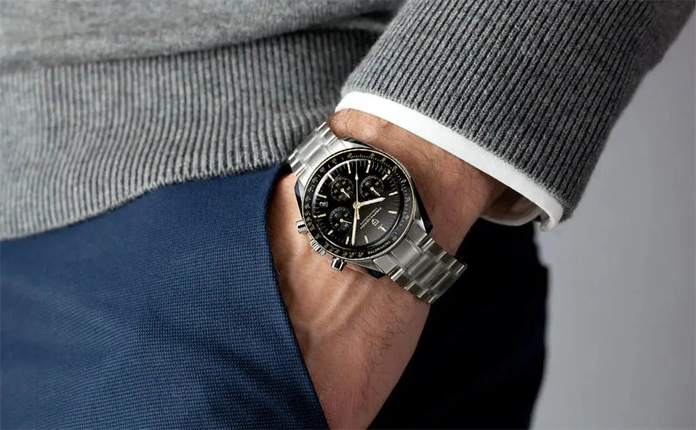 Pagani Design men's stainless steel chronograph watch with black dial, silver case and bracelet