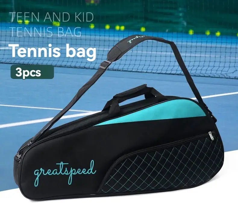 Greatspeed 3pcs tennis racket bag in black with teal accent and front zip pocket with grid pattern, single shoulder strap