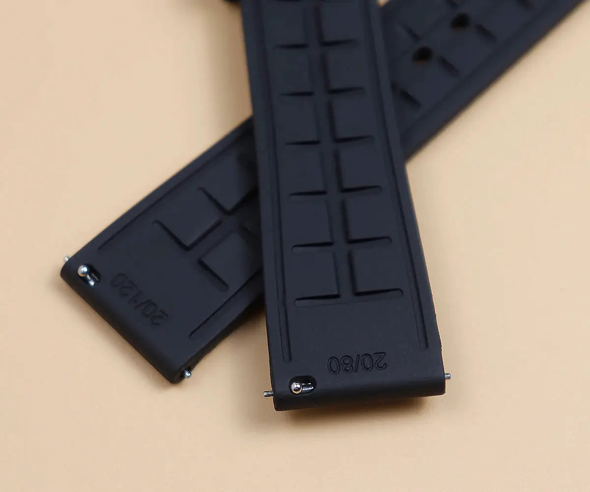 Cronos GS watch straps by Simples Market, two black rubber bands with grooved pattern and end pins