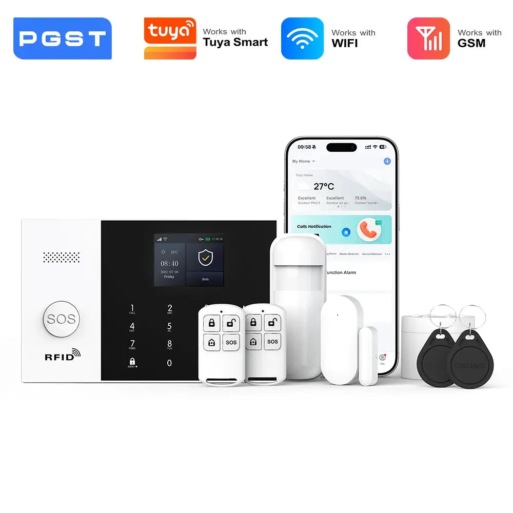 Simples Market PGST WiFi 2G GSM home alarm kit; keypad, door and PIR sensors, RFID, remotes, Tuya compatible