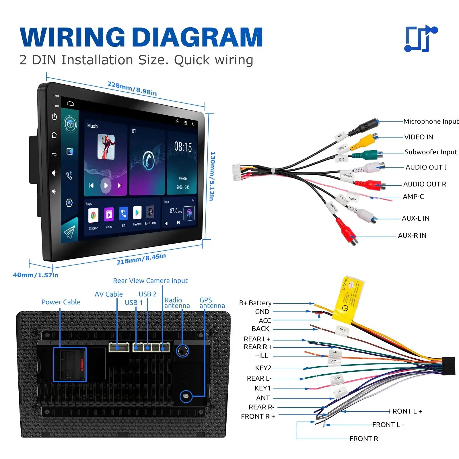 ESSGOO 7/9/10-inch Android Auto CarPlay car stereo, 2-DIN universal, by Simples Market with wiring harness