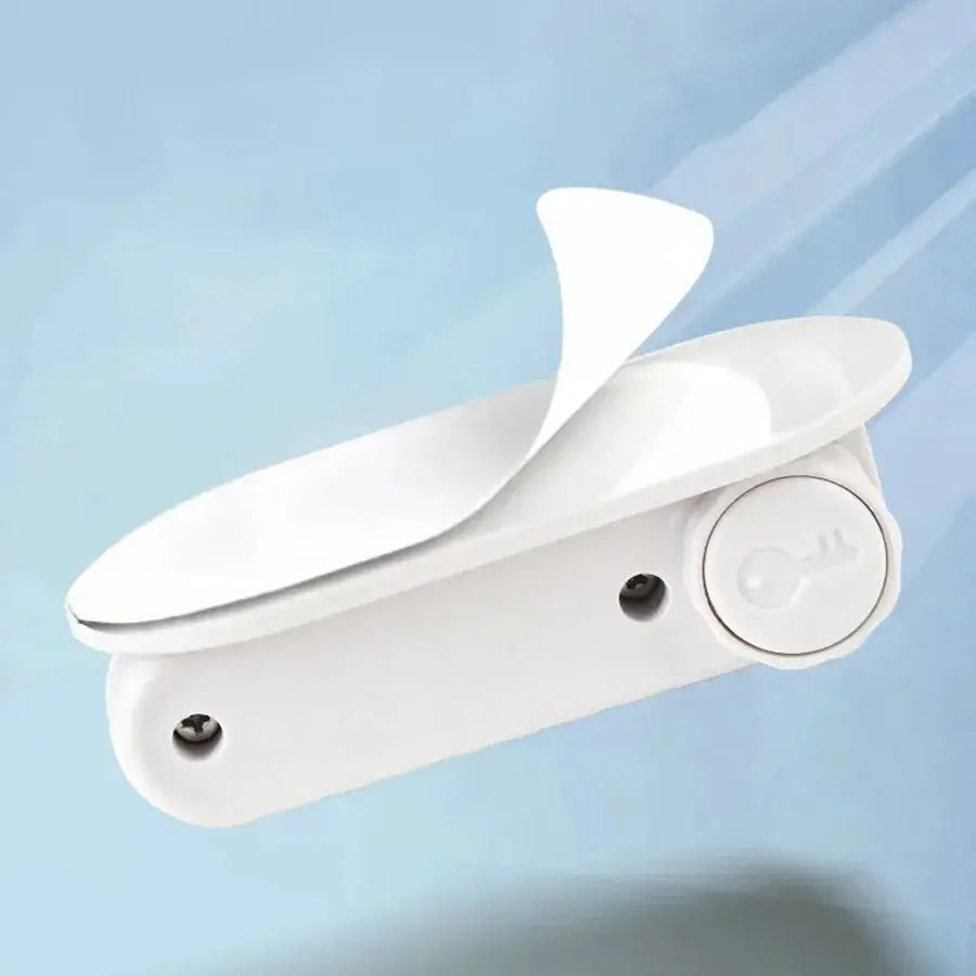 White universal door lever safety lock for kids with punch-free design and hidden button buckle.