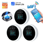 Tuya WiFi gas detector by Simples Market with LED display; white circular sensors, 3 units, works with Smart Life app.
