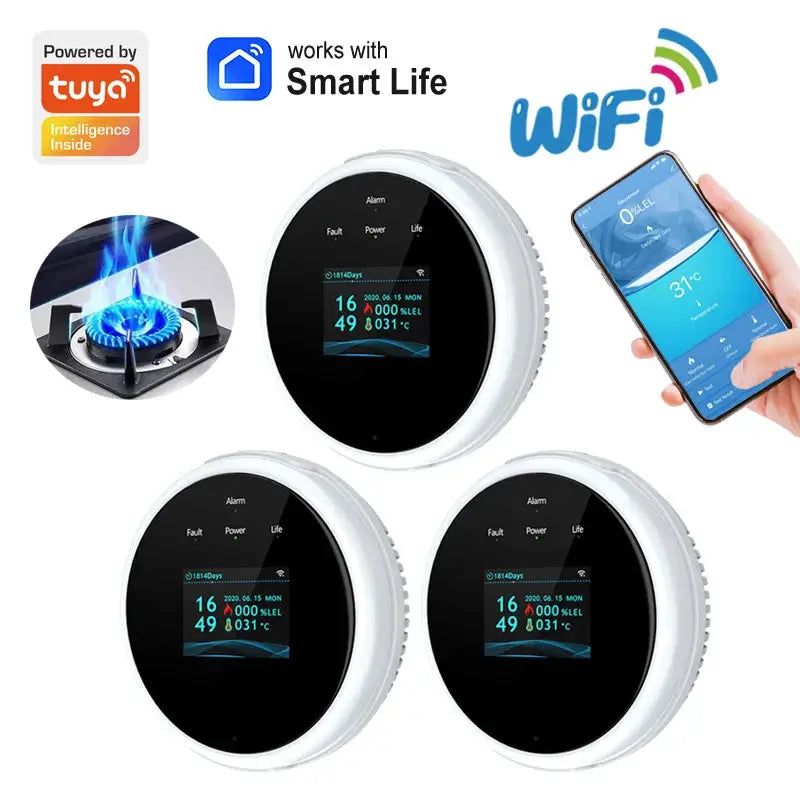 Tuya WiFi gas detector by Simples Market with LED display; white circular sensors, 3 units, works with Smart Life app.