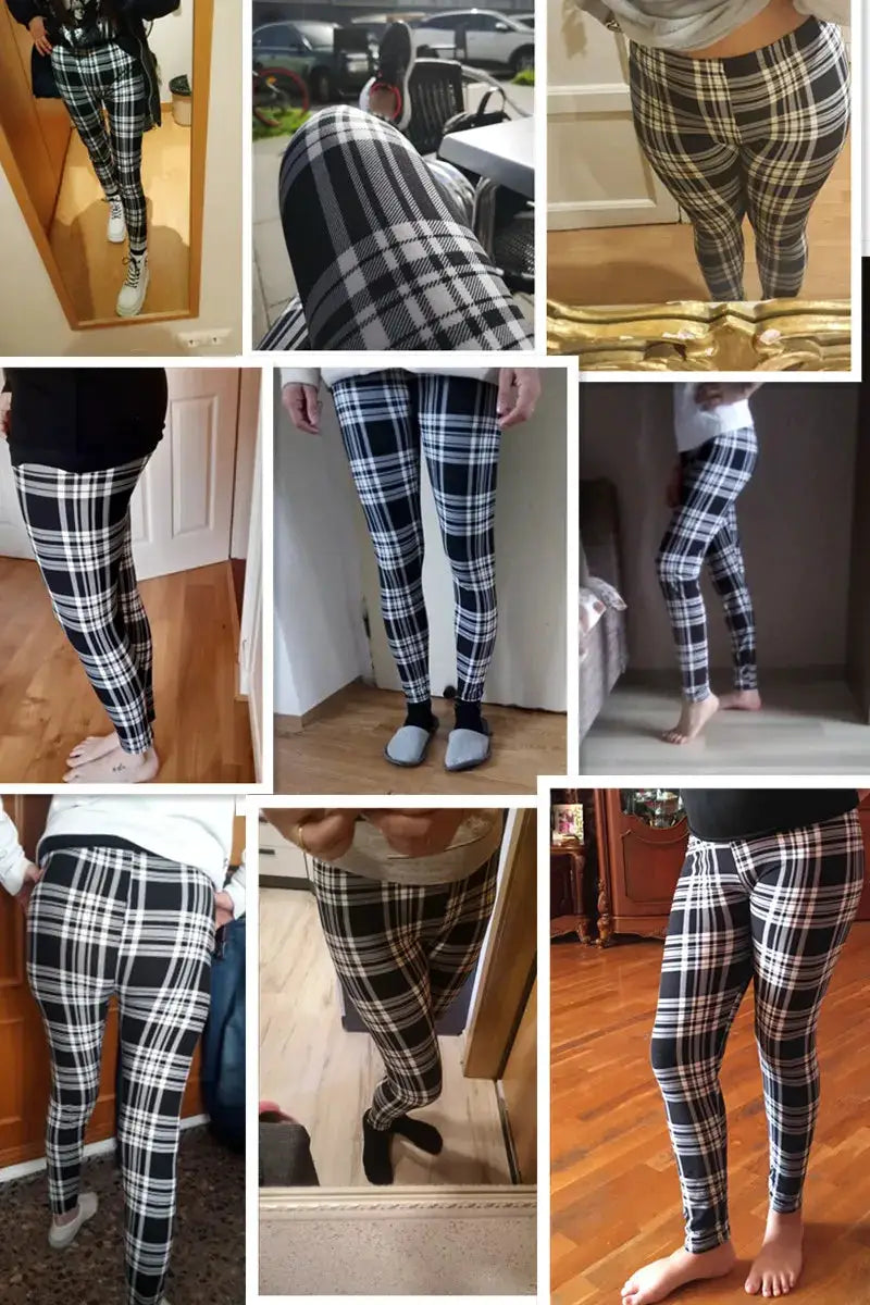 Women's plaid leggings from Simples Market in black, white and gray, high elasticity, slim fit.