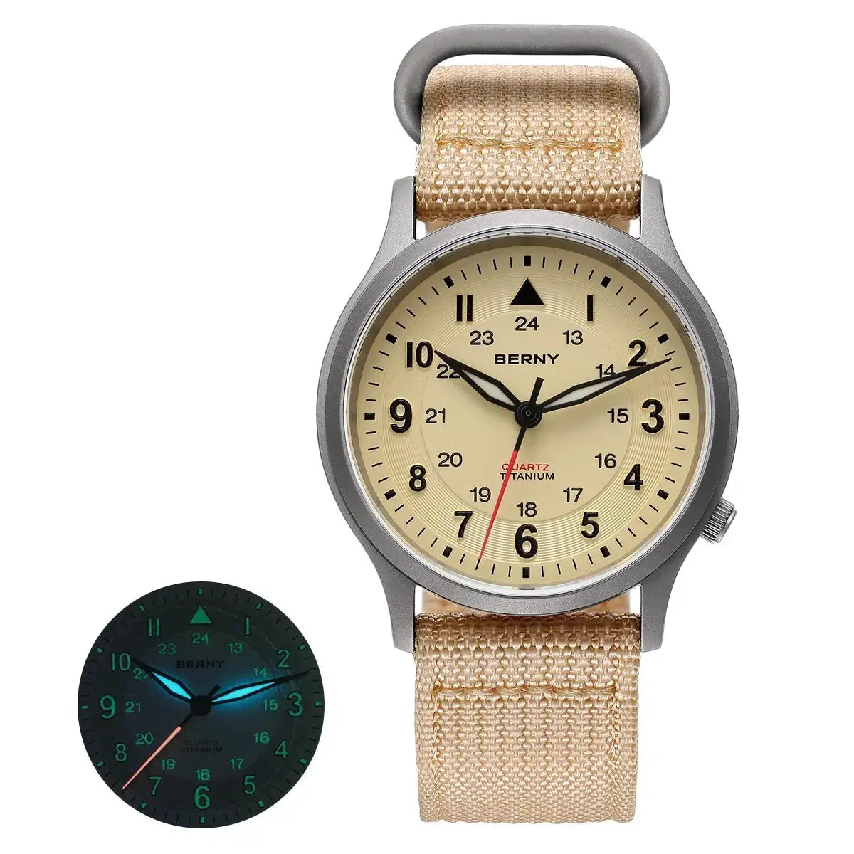 BERNY titanium field watch for men with beige dial, gray case and tan fabric strap; glow-in-the-dark inset.