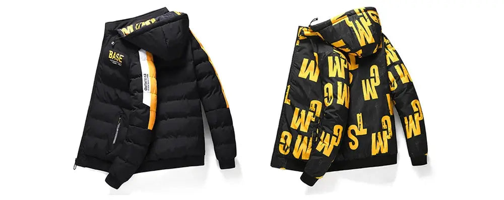 Two DIMUSI men's winter padded jackets; black puffer with yellow lining and a hooded graphic coat, Simples Market.