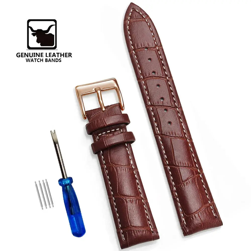 Premium genuine leather watchbands in brown croc-embossed texture with rose-gold buckle, includes tool and four pins