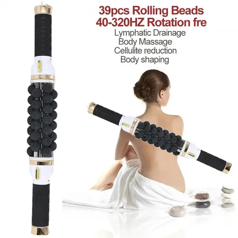 Rolling bead massager device with black beads and white-gold ends for lymph drainage and cellulite reduction.