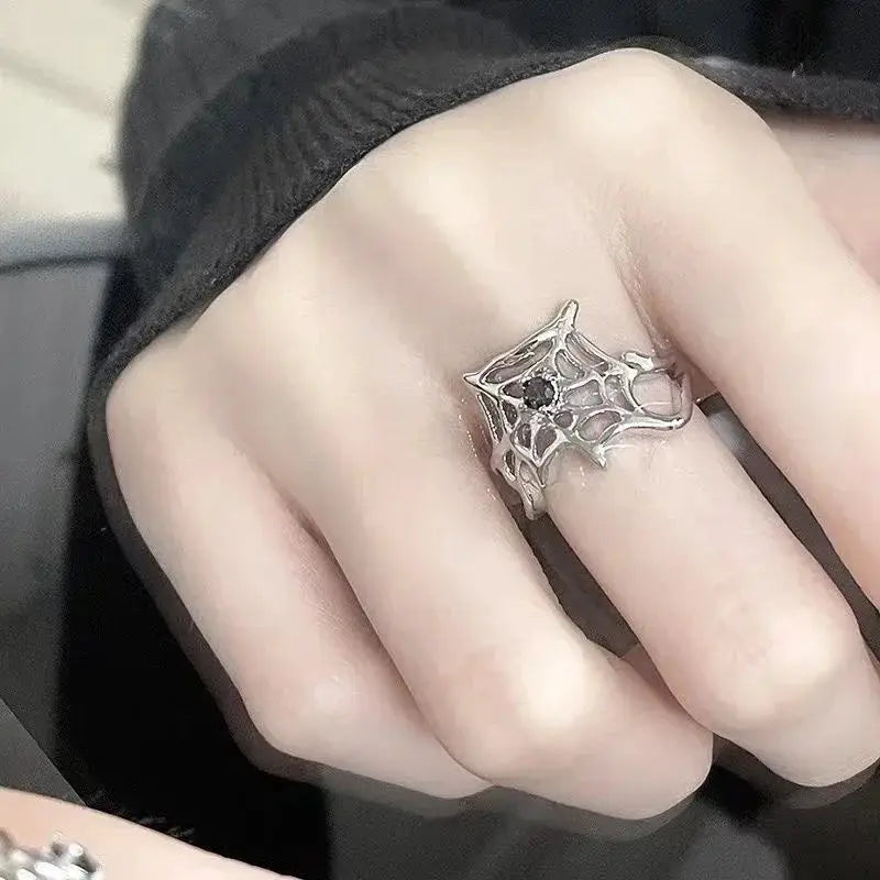 Goth Punk open ring, silver-tone spiderweb design with a dark stone accent