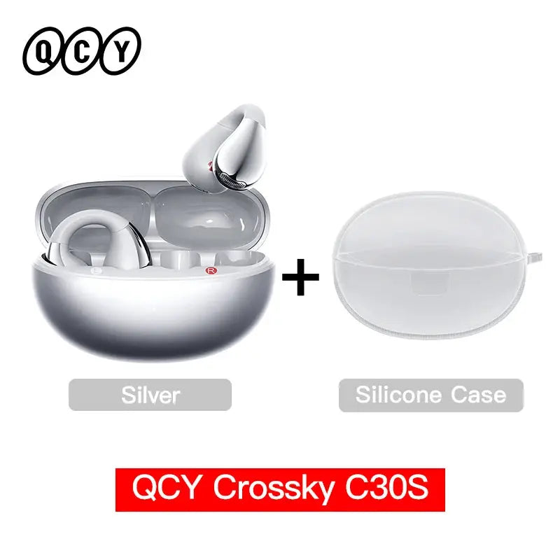 QCY Crossky C30S open-ear wireless earbuds in silver charging case with silicone case
