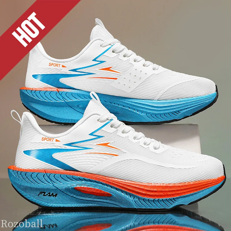 Pair of Simples Market white running shoes with blue and orange air-cushioned sole; breathable lightweight sneakers