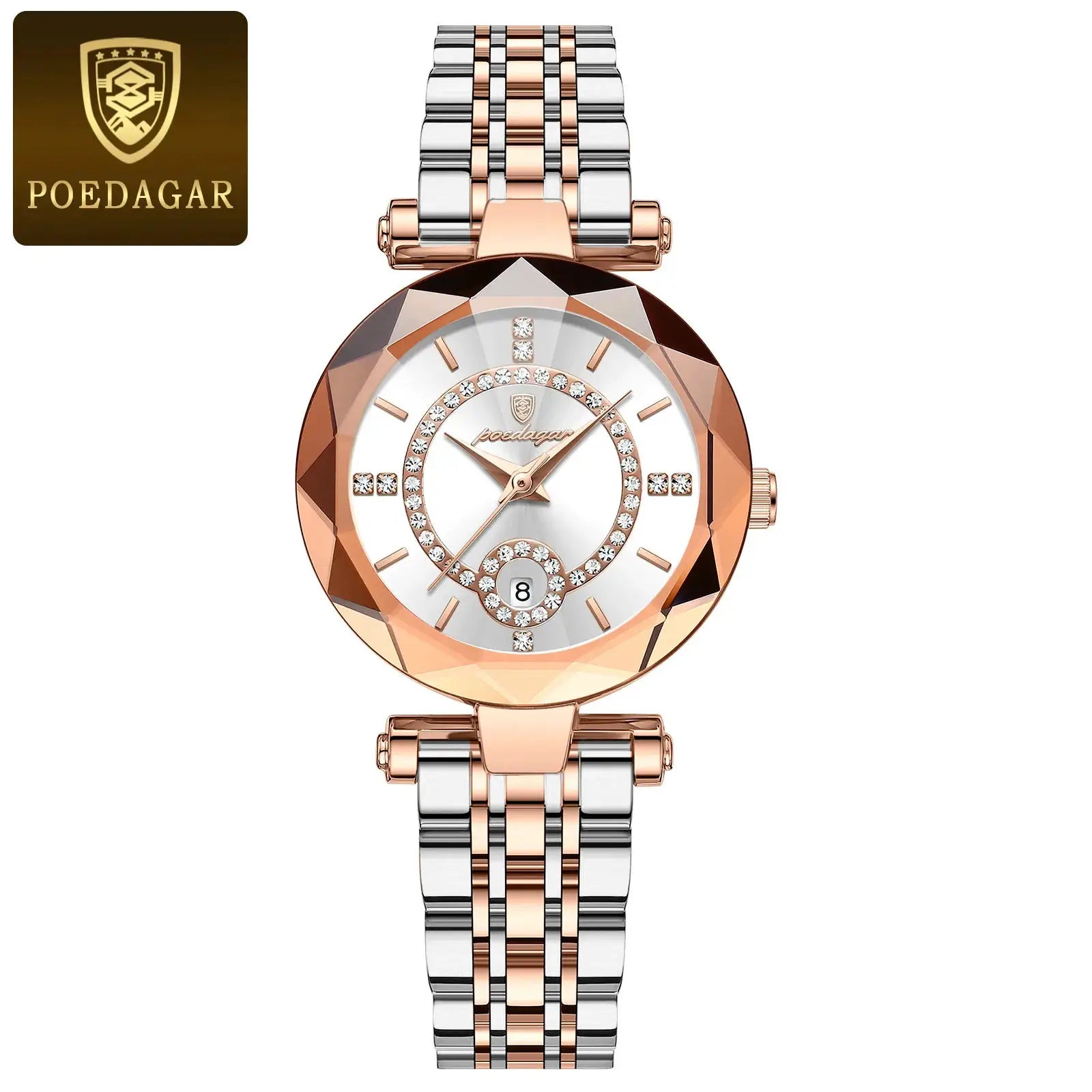 POEDAGAR ladies wristwatch in two-tone rose gold and silver stainless steel with crystal-studded bezel and date window