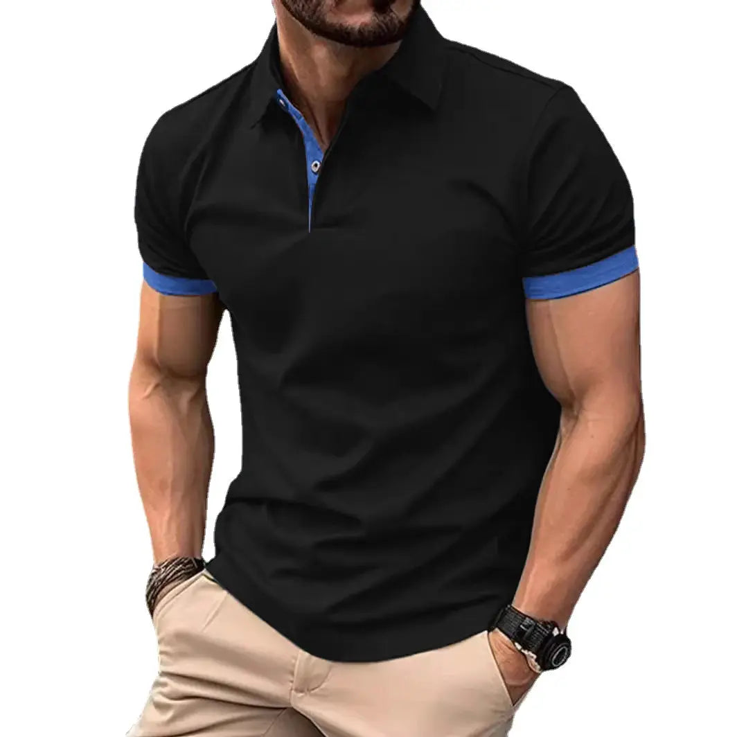 Men's black polo shirt with blue contrast collar and cuffs, short sleeves, lightweight casual top by Simples Market