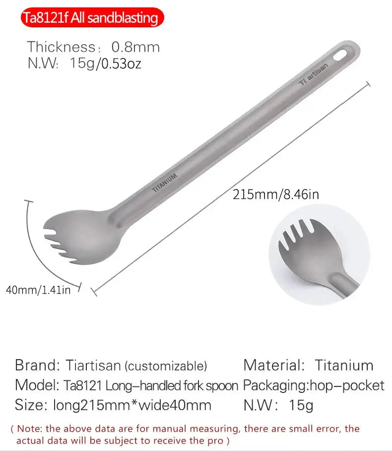 Tiartisan titanium long-handled spork, ultralight camping cutlery, 215mm length, 15g