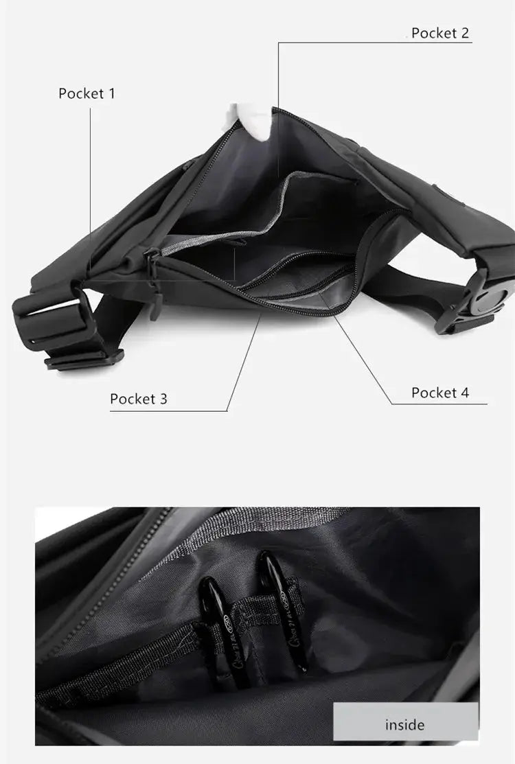 Simples Market black sling chest bag; compact crossbody with 4 pockets for men, anti-theft mobile phone bag