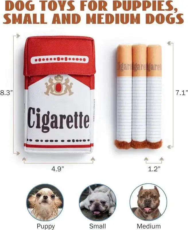 Cigarette-design plush dog toy set for small and medium dogs; red pack with three white chew cigarettes, interactive toy