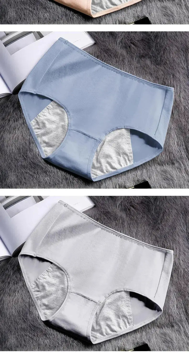 Simples Market girls' breathable cotton menstrual underwear, leak-proof briefs in blue, white and beige.