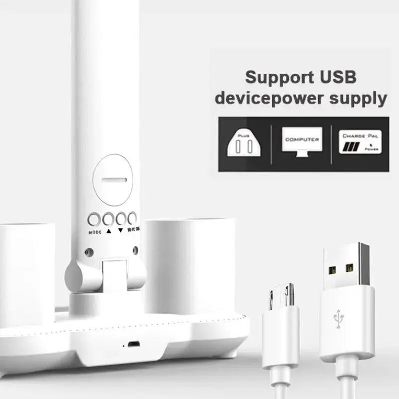 LED clock desk lamp by Simples Market, white, USB rechargeable, dimmable, 2-headed with 180° rotation