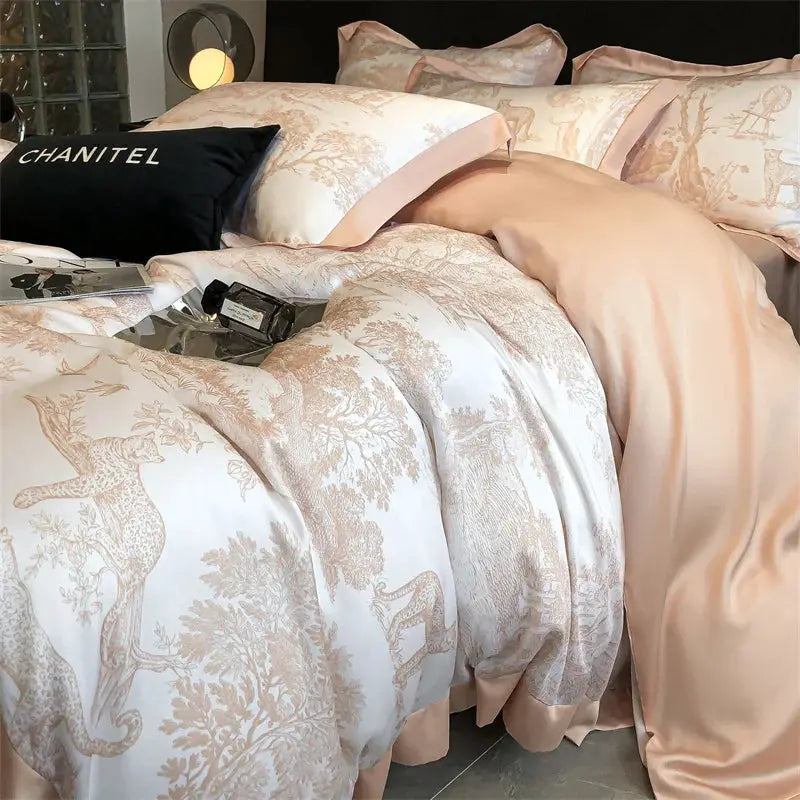 Bedding set in Lyocell by Simples Market, blush pink with forest leopard toile; duvet cover, sheets and pillowcases