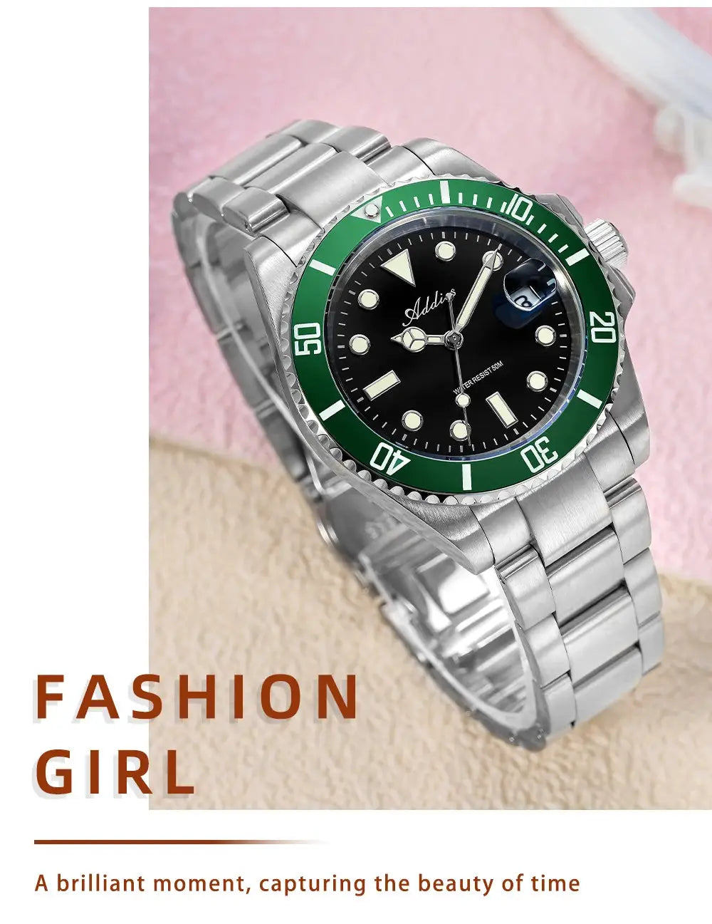 Addies women's luxury quartz watch with stainless steel bracelet and green ceramic bezel, black dial, 50m water resistant